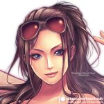 1girl artist_name blue_eyes brown_hair closed_mouth commentary english_commentary english_text eyewear_on_head face kotchi_yuuki lips long_hair looking_at_viewer mixed-language_commentary nico_robin one_piece patreon_logo patreon_username pink_lips portrait simple_background smile solo sunglasses twitter_username watermark web_address white_background 