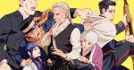  1girl 5boys ainu_clothes asirpa beard black_hair black_pants buzz_cut facial_hair goatee golden_kamuy gun hat highres hijikata_toshizou_(golden_kamuy) holding holding_sword holding_weapon katana kepi long_hair looking_to_the_side male_focus military_hat multiple_boys muscle ogata_hyakunosuke old_man pants rifle robe shiraishi_yoshitake short_hair simple_background sugimoto_saichi sword ushiyama_tatsuma veins very_short_hair vest weapon white_background younger zifletts 