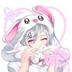  1boy animal_hood bangs commentary_request grey_hair hair_between_eyes hair_ornament hairclip hands_up heart hood lingpa_(linpa) looking_at_viewer male_focus one_eye_closed original portrait raku_(lingpa) shirt solo translation_request violet_eyes white_shirt 