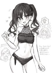  1girl bangs bikini black_choker blush choker hair_between_eyes hair_tie heart highres idolmaster idolmaster_cinderella_girls kudou_(sikisiki0000) midriff monochrome navel polka_dot sharp_teeth sunazuka_akira swimsuit teeth tsujino_akari twintails white_background writing yumemi_riamu 