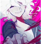  1boy blood border closed_eyes dangan_ronpa english_commentary flavia_(harmonia) green_jacket hair_between_eyes highres jacket komaeda_nagito long_sleeves male_focus open_clothes open_jacket outstretched_arm pink_background shirt smile solo super_dangan_ronpa_2 white_hair white_shirt 