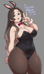  1girl 2020 agawa_ryou animal_ears belly blue_eyes breasts brown_hair commentary curvy dated grey_background large_breasts long_hair original plump rabbit_ears signature simple_background solo thick_thighs thighs 