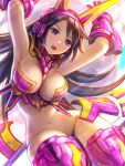  1girl armor armpits bangs bikini_armor black_hair breasts character_request elico_nya headgear large_breasts lips navel nyanko_daisensou open_mouth solo upper_teeth violet_eyes 