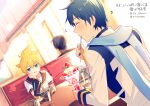  2boys arm_warmers beamed_sixteenth_notes black_collar blonde_hair blue_eyes blue_hair blue_scarf chin_rest coat collar commentary dutch_angle eating eighth_note food glass half-closed_eyes holding holding_spoon ice_cream indoors kagamine_len kaito looking_at_viewer male_focus multiple_boys musical_note necktie restaurant sailor_collar scarf school_uniform seat shirt short_hair short_ponytail short_sleeves sinaooo spiky_hair spoon sundae table vocaloid white_coat white_shirt yellow_neckwear 
