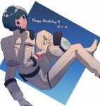  1boy absurdres blue_eyes blue_hair floating gundam happy_birthday helmet highres holding holding_helmet kamille_bidan looking_down pilot_suit pin_(penco_co) smile solo zeta_gundam 