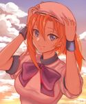  1girl absurdres arms_up bangs blue_eyes breasts closed_mouth clouds day floating_hair hair_between_eyes hand_on_headwear hat highres higurashi_no_naku_koro_ni huge_filesize long_hair medium_breasts melolo001 orange_hair outdoors purple_neckwear ryuuguu_rena shirt short_sleeves signature smile solo upper_body white_headwear white_shirt wristband 