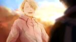  2boys ^_^ blue_sky blurry blurry_foreground closed_eyes clouds depth_of_field hair_over_one_eye highres jacket katsuki_yuuri male_focus multiple_boys open_mouth silver_hair sky smile solo_focus takeshi_(mononohu20) track_jacket viktor_nikiforov yuri!!!_on_ice 