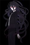  1boy artist_name black_background black_hair black_neckwear closed_mouth collared_shirt dangan_ronpa expressionless formal from_side hair_between_eyes highres hita_(hitapita) jacket kamukura_izuru long_hair long_sleeves looking_at_viewer necktie pale_skin red_eyes shirt signature simple_background solo spoilers suit super_dangan_ronpa_2 very_long_hair white_shirt 