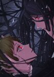  2boys absurdly_long_hair absurdres black_hair brown_hair chen_yan crying crying_with_eyes_open dangan_ronpa dual_persona expressionless eye_contact formal hand_on_another&#039;s_head highres hinata_hajime kamukura_izuru light_particles long_hair long_sleeves looking_at_another male_focus messy_hair multiple_boys parted_lips red_eyes short_hair spoilers suit super_dangan_ronpa_2 tears very_long_hair 