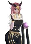  1girl arm_up breasts cosplay crystal_ball fingerless_gloves fire_emblem fire_emblem:_three_houses fire_emblem_echoes:_shadows_of_valentia garreg_mach_monastery_uniform gloves hilda_(fire_emblem) hilda_(fire_emblem)_(cosplay) horns lipstick looking_at_viewer makeup mask_over_one_eye nail_polish nuibaba pointy_ears purple_hair villager_c white_background 