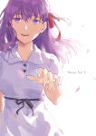 1girl :d bangs black_ribbon collarbone collared_dress dress eyebrows_visible_through_hair fate/stay_night fate_(series) floating_hair hair_between_eyes hair_ribbon heaven&#039;s_feel highres ikeine_2z long_hair looking_at_viewer matou_sakura open_mouth petals purple_hair red_ribbon rei_no_himo ribbon short_sleeves sketch smile solo standing sundress violet_eyes white_background white_dress wing_collar 