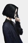  1girl absurdres black_eyes black_hair closed_eyes closed_mouth dachi_mahi fingernails grey_background highres original short_hair simple_background sleeves_past_wrists solo upper_body 