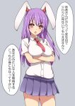  1girl absurdres animal_ears arms_under_breasts blush breasts bright_pupils chestnut_mouth collared_shirt commentary_request cowboy_shot crossed_arms eyebrows_visible_through_hair grey_background highres large_breasts long_hair looking_at_viewer miniskirt necktie open_mouth pleated_skirt purple_hair purple_skirt rabbit_ears red_eyes red_neckwear reisen_udongein_inaba shirt short_sleeves simple_background skirt solo speech_bubble suwaneko thighs touhou translation_request v-shaped_eyebrows white_shirt 