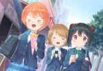  &gt;o&lt; 3girls arm_up black_hair brown_hair bubble_tea closed_eyes eichisu food highres hoshizora_rin koizumi_hanayo love_live! love_live!_school_idol_project multiple_girls onigiri open_mouth orange_hair otonokizaka_school_uniform school_uniform smile yazawa_nico 