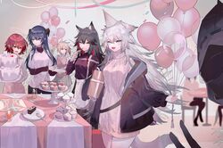  1other 5girls :d absurdres ambiguous_gender animal_ears arknights balloon birthday birthday_cake birthday_party black_coat black_hair black_legwear blonde_hair blue_eyes blue_hair cake cake_slice candle chinese_commentary coat commentary confetti cookie_(ppyf5328) cross cross_necklace cup cupcake demon_horns doctor_(arknights) drinking_glass eating exusiai_(arknights) fang food gift gloves gradient_hair grey_eyes grin halo highres holding holding_balloon holding_cake holding_food holding_gift holding_plate horns jewelry knife lappland_(arknights) long_hair looking_at_another looking_at_viewer mask mostima_(arknights) multicolored_hair multiple_girls necklace open_mouth overalls pantyhose penguin_logistics_(arknights) pink_overalls plate purple_sweater red_eyes red_shirt redhead shirt skirt slit_pupils smile sora_(arknights) spork standing streamers sweater sweater_vest table tail texas_(arknights) turtleneck turtleneck_sweater twintails two-tone_hair v very_long_hair white_hair white_legwear white_shirt white_skirt white_sweater wolf_ears wolf_tail yellow_eyes 