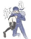  1boy 1girl armor ass black_legwear blue_bodysuit blue_hair bodysuit commentary_request cu_chulainn_(fate)_(all) fate/stay_night fate_(series) from_behind highres lancer long_hair long_sleeves mondi_hl panties ponytail shoes shoulder_armor simple_background sketch skirt skirt_lift speech_bubble thigh-highs tohsaka_rin translation_request underwear white_background white_panties 