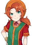  1girl absurdres closed_mouth curly_hair dragon_quest dragon_quest_vii dress green_eyes highres hood kinoshita_(k1n0shita) long_hair looking_at_viewer maribel_(dq7) orange_hair simple_background smile solo white_background 