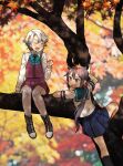  2girls akebono_(kantai_collection) akishimo_(kantai_collection) annin_musou aqua_bow aqua_neckwear asymmetrical_hair autumn_leaves bell black_legwear blue_sailor_collar blue_skirt bow bowtie brown_hair climbing closed_eyes commentary_request dress flower gradient_hair grey_legwear hair_bell hair_flower hair_ornament jingle_bell kantai_collection kneehighs leaf_hair_ornament long_hair long_sleeves multicolored_hair multiple_girls pleated_dress pleated_skirt purple_dress purple_hair sailor_collar school_uniform seamed_legwear serafuku shirt short_hair short_hair_with_long_locks short_sleeves side-seamed_legwear side_ponytail silver_hair sitting skirt thigh-highs tree very_long_hair violet_eyes white_shirt 