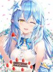  1girl bangs bare_arms birthday_cake blue_hair blue_neckwear bow bowtie braid breasts cake commentary_request confetti daifuku_(yukihana_lamy) elf eyebrows_visible_through_hair fangs flower food french_braid fruit hair_between_eyes hair_flower hair_ornament happy_birthday highres holding holding_spoon hololive long_hair looking_at_viewer medium_breasts one_eye_closed open_mouth pointy_ears rin_yuu shirt sidelocks sleeveless sleeveless_shirt solo spoon strawberry virtual_youtuber white_background white_shirt yellow_eyes yukihana_lamy 