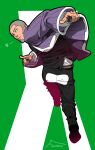  1boy ass black_vest brown_eyes buzz_cut facial_hair from_behind full_body goatee golden_kamuy grey_hair highres jacket looking_at_viewer looking_back male_focus open_clothes open_jacket pointing pointing_at_viewer purple_jacket running shiraishi_yoshitake short_hair sideburns solo very_short_hair vest zifletts 