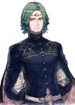  1boy arms_behind_back beard belt cape circlet closed_mouth facial_hair fire_emblem fire_emblem:_three_houses fire_emblem_heroes green_eyes green_hair looking_to_the_side male_focus oisyox72 seteth_(fire_emblem) short_hair solo standing upper_body 