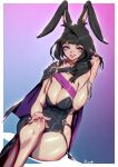  1girl animal_ears artist_name black_hair blue_eyes breasts commission covered_navel final_fantasy final_fantasy_xiv highres kio_naoki large_breasts long_hair mole mole_under_mouth original rabbit_ears skeb_commission solo 