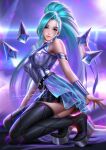  1girl aqua_hair armlet blue_eyes boots bracer breasts highres k/da_(league_of_legends) kneeling league_of_legends liang_xing lips long_hair looking_at_viewer medium_breasts ponytail profile seraphine_(league_of_legends) signature sleeveless smile solo thigh-highs thigh_boots watermark web_address 