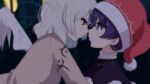  2girls :o beige_jacket blue_shirt blurry blurry_background braid doremy_sweet eyebrows_visible_through_hair eyelashes french_braid from_side hat highres imminent_kiss kishin_sagume looking_at_another medium_hair multiple_girls nightcap pom_pom_(clothes) profile red_eyes red_headwear shirt silver_hair single_wing touhou upper_body violet_eyes wings yukome yuri 