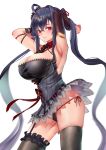  1girl absurdly_long_hair absurdres armpits arms_behind_head azur_lane bangs black_hair black_panties bow breasts covered_navel crossed_bangs detached_sleeves highres jsiwji large_breasts long_hair looking_to_the_side miniskirt panties pleated_skirt red_bow red_eyes side-tie_panties simple_background single_sleeve skindentation skirt solo taihou_(azur_lane) thigh_strap underwear very_long_hair white_background 