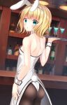  1girl animal_ears ass bangs bare_shoulders blonde_hair blue_eyes blush bottle breasts brown_legwear bunny_tail cocktail_glass cowboy_shot cup drink drinking_glass eyebrows_visible_through_hair fake_animal_ears gochuumon_wa_usagi_desu_ka? hairband hand_up highres holding holding_tray indoors kirima_sharo leotard looking_at_viewer looking_back pantyhose parted_lips pizzzica rabbit_ears small_breasts solo standing strapless strapless_leotard tail tray white_hairband white_leotard wrist_cuffs 