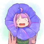 1girl ahoge chamaji closed_eyes commentary_request flower holding holding_flower japanese_clothes kimono long_sleeves lowres minigirl obi open_mouth purple_hair sash solo sukuna_shinmyoumaru touhou water_drop wide_sleeves 
