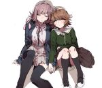  1boy 1girl backpack bag black_legwear black_neckwear black_ribbon brown_hair closed_eyes collared_shirt dangan_ronpa dangan_ronpa_1 drooling fe_(chl) flipped_hair fujisaki_chihiro green_jacket hair_ornament hairclip holding_hands hood hood_down hooded_jacket jacket knee_up kneehighs knees_together_feet_apart knees_up leaning_on_person loafers long_sleeves nanami_chiaki neck_ribbon open_clothes open_jacket otoko_no_ko pink_hair pink_neckwear pink_ribbon ribbon saliva school_uniform shirt shoes short_hair simple_background sitting skirt sleeping sleeves_past_wrists super_dangan_ronpa_2 thigh-highs trait_connection white_shirt 