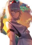  1girl 38_(sanjuuhachi) animal_ears bangs closed_mouth detached_sleeves eyebrows_visible_through_hair hair_between_eyes hat highres inubashiri_momiji leaf looking_to_the_side outdoors red_headwear shade shirt short_hair solo tokin_hat touhou upper_body white_hair white_shirt white_sleeves wolf_ears yellow_sky 