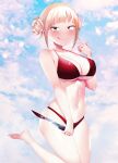  1girl bikini blonde_hair blood bloody_weapon blush boku_no_hero_academia breasts double_bun eyebrows_visible_through_hair highres holding holding_knife knife large_breasts licking_lips looking_at_viewer red_bikini solo swimsuit tagme toga_himiko tongue tongue_out weapon yellow_eyes 
