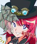  1girl blue_eyes bright_pupils chromatic_aberration close-up commission goggles goggles_on_headwear hat highres looking_at_viewer nui_inu original redhead skeb_commission smile solo top_hat white_pupils 