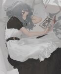  1girl absurdres book carpet chair cropped grey_eyes grey_hair grey_theme highres holding holding_book indoors k1llg lying maid on_side open_book original pillow reading short_hair solo 