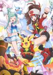  2girls absurdres altaria antenna_hair arm_up baseball_cap blue_eyes blush blush_stickers boots brendan_(pokemon) brendan_(pokemon)_(cosplay) brown_hair clenched_hands closed_eyes commentary_request cosplay cosplay_pikachu emboar eyelashes floating_hair gen_1_pokemon gen_3_pokemon gen_5_pokemon green_hair happy hat haxorus highres hilda_(pokemon) jacket light_stick lisia_(pokemon) long_hair multicolored_hair multiple_girls navel open_mouth pikachu pikachu_rock_star pokemoa pokemon pokemon_(creature) pokemon_(game) pokemon_bw pokemon_oras ponytail red_footwear red_jacket shoes short_shorts shorts sidelocks single_thighhigh smile streaked_hair thigh-highs tongue 