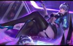  1girl absurdres bra dark demon_girl garter_straps high_heels highres jacket league_of_legends lipstick looking_at_viewer makeup open_clothes open_jacket purple_hair r.keensies revealing_clothes sitting skirt smile solo succubus thigh-highs underwear yellow_eyes 