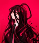  1boy black_hair black_jacket black_neckwear collared_shirt dangan_ronpa expressionless formal hair_between_eyes highres jacket kamukura_izuru long_hair looking_at_viewer male_focus mayodalg messy_hair necktie red_background red_eyes shirt spoilers super_dangan_ronpa_2 white_shirt 