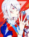  collared_shirt eyelashes fingernails hair_between_eyes hand_up highres holding kotodama_tribe looking_at_viewer megaphone mika_pikazo necktie original parted_lips red_eyes shirt short_hair signature silver_hair solo upper_body vest white_neckwear white_shirt wing_collar wristband 