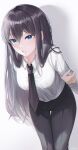  1girl absurdres arm_behind_back bangs black_neckwear black_pants blue_eyes breasts collared_shirt commentary eyebrows_visible_through_hair feet_out_of_frame ffflilil grey_hair hair_between_eyes hand_on_own_arm highres leaning_forward legs_together light_blush long_hair long_sleeves looking_at_viewer medium_breasts necktie original pants purple_hair shadow shirt shirt_tucked_in solo standing straight_hair symbol_commentary teeth thigh_gap twitter_username typo very_long_hair white_background white_shirt 