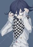  1boy absurdres adjusting_eyewear bangs bespectacled black_hair blue_background checkered checkered_scarf commentary_request dangan_ronpa glasses hair_between_eyes hands_up highres jacket long_sleeves looking_at_viewer male_focus new_dangan_ronpa_v3 ouma_kokichi purple_background scarf simple_background smile solo straitjacket ttegi upper_body violet_eyes white_jacket 
