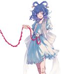  1girl arm_behind_back belt blue_dress blue_hair breasts closed_eyes collarbone dress drill_hair eyebrows_visible_through_hair feet_out_of_frame flower hair_ornament hair_rings hair_stick highres holding holding_ribbon kaku_seiga ofuda open_clothes open_mouth open_vest red_ribbon ribbon shawl short_hair simple_background small_breasts smile solo standing touhou twin_drills uranaishi_(miraura) vest wavy_hair white_background white_vest 