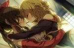  2girls backlighting bare_shoulders blonde_hair blurry blurry_background blush bow braid brown_hair closed_eyes commentary_request detached_sleeves food hair_bow hair_tubes hakurei_reimu hand_on_another&#039;s_head highres hug indoors kirisame_marisa long_hair multiple_girls off_shoulder piyokichi pocky pocky_day pocky_kiss red_bow red_eyes ribbon-trimmed_sleeves ribbon_trim single_braid touhou upper_body yuri 