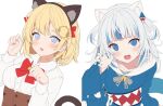  2girls :d animal_ears bell black_hairband blonde_hair blue_eyes blue_hair blue_hoodie blue_nails bow breasts brown_skirt cat_ears cat_tail claw_pose collared_shirt commentary dress_shirt english_commentary fake_animal_ears gawr_gura grey_hair grey_hairband hair_ornament hairband hand_up high-waist_skirt highres hitsukuya hololive hololive_english hood hood_down hoodie jingle_bell long_sleeves looking_at_viewer medium_breasts multicolored_hair multiple_girls nail_polish open_mouth red_bow sharp_teeth shirt simple_background skirt smile streaked_hair tail tail_raised teeth two_side_up upper_body virtual_youtuber watson_amelia white_background white_shirt wide_sleeves work_in_progress 