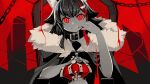  1girl animal_ear_fluff animal_ears bangs barbed_wire bared_teeth black_cloak black_hair chain cloak collar commentary crown elbow_rest english_commentary fang fur_collar hand_up hololive king_(vocaloid) limited_palette long_hair looking_at_viewer ookami_mio red_eyes redhead slit_pupils solo teeth throne virtual_youtuber wolf_ears yasume_yukito 