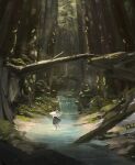  1girl black_skirt branch brown_hair closed_eyes forest highres holding holding_instrument instrument long_hair music nature original outdoors plant playing_instrument scenery shallow_water skirt sleeves_rolled_up solo tree violin wading water yyydddd0 