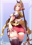  1girl absurdres ass atelier_(series) atelier_ryza beret breasts brown_eyes brown_hair brown_legwear from_behind hair_ornament hairclip hat highres holding holding_staff looking_at_viewer looking_back medium_breasts open_mouth red_shorts reisalin_stout risa_(pixiv23908854) short_hair short_shorts shorts sideboob solo staff thigh-highs thighs white_headwear white_legwear 