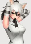  1girl aardwolf_(kemono_friends) aardwolf_ears absurdres animal_ear_fluff animal_ears arms_up bangs black_eyes black_hair black_neckwear blush breasts commentary deku_suke elbow_gloves eyebrows_visible_through_hair gloves grey_background hair_between_eyes highres kemono_friends long_hair looking_at_viewer medium_breasts multicolored_hair necktie necktie_in_mouth ponytail shirt simple_background sleeveless sleeveless_shirt solo symbol_commentary two-tone_hair tying_hair upper_body white_hair 