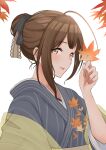  1girl absurdres ahoge bangs blush breasts brown_eyes brown_hair hair_bun highres idolmaster idolmaster_shiny_colors japanese_clothes kakao_taro kimono kuwayama_chiyuki large_breasts leaf long_hair long_sleeves looking_at_viewer open_mouth smile white_background wide_sleeves 